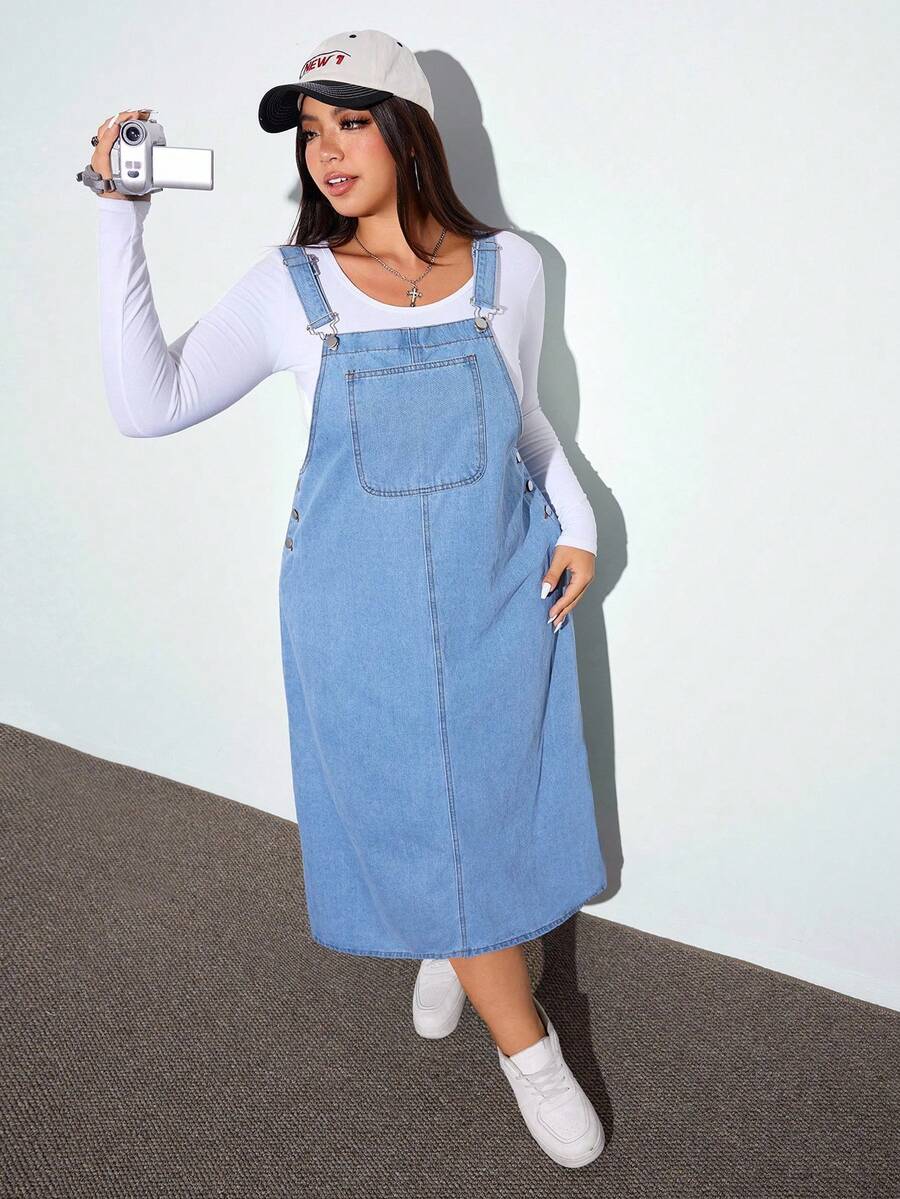Jeanoix 大码纯色无袖牛仔连衣裙，带口袋 - 藍色 - 查看 1