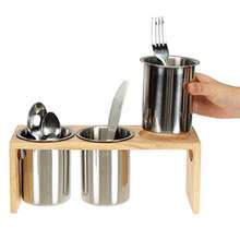 ZOO Paquete De 3 Soportes Para Cubiertos Organizador De Utensilios De Acero Inoxidable Con Base De Madera Organizador De Cubiertos Para Cucharas Cuchillos Y Tenedores Ideal Para Mesa De Cocina - Plata - View 4