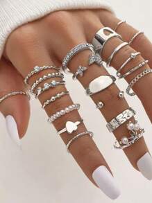 21 pièces/set Bague réglable multi-articulation avec pendentif Papillon et Cœur en fausses perles