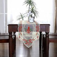 1pc Christmas Table Runner, Elegant European Style Party Tablecloth, Beige Organza With Bell Pattern, Suitable For Christmas Party, Daily Home Furniture & Kitchen Decor, Christmas & New Year Holiday Decoration, Multiple Sizes Available - Beige/Red - View 6