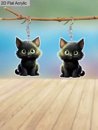 1 paire de boucles d'oreilles en acrylique plates 2D mignonnes de chat noir pour femmes, boucles d'oreilles animaux pour Halloween, boucles d'oreilles de fête, boucles d'oreilles à la mode charmantes, cadeaux d'Halloween