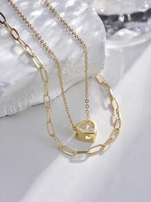 2 件套心形吊坠和回形针装饰双层女士项链（链条、扣环和珠子数量随机）