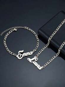 1 件个性化镌刻姓名项链和手链套装，不锈钢镌刻姓名日期手链定制纪念日期项链情侣首饰，贴心母亲节感恩节复活节情人节回归 - 彩色 - 查看 3