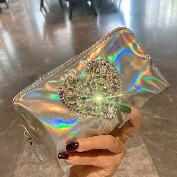 1pc Rhinestone Decor Holographic PU Makeup Bag, Portable Colorful Square Large Capacity Cosmetic Pouch, Women's Organizer Bag, Makeup Tool Storage, Beauty Accessories, Crystals Decor, Wedding Birthday Party Holiday Gift, Christmas, Halloween,Christmas Gifts,Pouch,Travel,Gifts For Women,Women's Necessaire,Travel Essential,Pouch,Clutch / Small Handbag,Necessaire,Makeup Organizer,Makeup Organize,Pouch,Brush Holder,Mini Pouch,Large Capacity Pouch