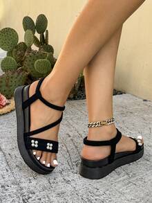 Women's Rhinestone Strap Platform Wedge Sandals, Elegant Roman Style Casual Commuting All-Match Summer Shoes - Black - View 3
