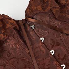 Women Corset Top With Lace Sleeve Lace Up Bustier Lingerie Waist Trainer Costume Tops - 棕色 - 查看 3