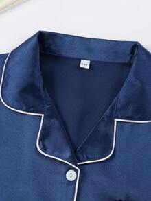 Girls Pajamas, Satin Silky Pjs Set Kids 2Pcs Button-Down Nightwear Sleepwear Gift For Kids - Navy Blue - View 3