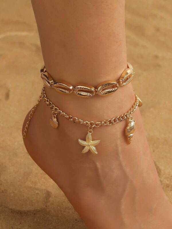 2pcs/Set Fashionable Ocean Themed Metal Starfish, Seashell, Seashell Decor Anklets, Suitable For Women Everyday Wear Or Beach Vacation