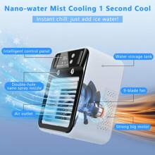 Ventilador de aire acondicionado portátil recargable por USB con función de enfriamiento, batería de 3000mAh, humidificador por pulverización, ajuste de doble velocidad, diseño compacto para uso en el hogar/oficina y comodidad al aire libre