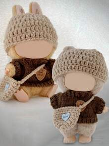 17cm First, Second, And Third Generation Bubu Pendant Baby Clothes Brown Bear Sweater Set Knitted Thread Sweater Hat Clothes (Clothes Only) - Knitted 3 Piece Set - View 3