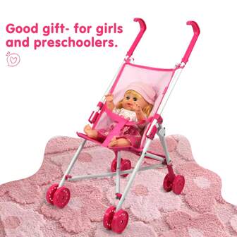 Doll Stroller Toy Anivia Realistic Doll Stroller Heart Design Gifts For Toddlers And Girls Foldable Baby With Plastic Toys Sets, Pink, Purple, My First Baby Doll Stroller, Foldable Design(Baby Doll Not Included)