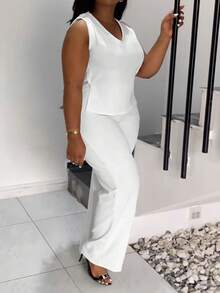 Oversized Solid Color Sleeveless Tank Top + High-Waisted Draping Wide-Leg Pants Set, Conceals Flesh And Shows Slimming Effect, Ice Silk Cool Sensation, Suitable For Summer Commuting And Leisure. - White - View 3