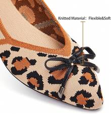 Womens Flat Shoes Classic Pointed Toe Flats Knitted Dress Shoes Soft Comfortable Dressy Flats Women - 豹紋蝴蝶結 - 查看 4