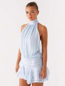Women's Pleated Waist Sheer Mesh Ruffle Mini Dress Summer Casual Halter Neck High Neck Bodycon Short Dress Self-Tie Backless Sundress Party Clubwear - 藍色 - 查看 2
