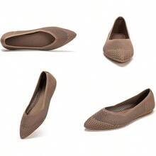 Womens Flat Shoes Classic Pointed Toe Flats Knitted Dress Shoes Soft Comfortable Dressy Flats Women - 棕色網狀物 - 查看 4