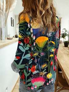 Plus Size Women's Flower Printed Leaf Pattern Full Body Printed Front Breasted Shirt,Women's Blouse - màu xanh lá - Xem 2