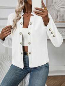 Áo khoác nữ màu trơn, tay dài, cài cúc phía trước, chất liệu nhẹ, thích hợp cho mùa xuân/thu. Màu trắng. - trắng - Xem 5