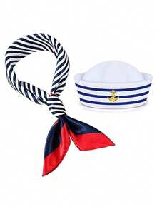 Multi-Piece Set: Captain's Hat, Sailor Hat, Scarf Set For Men & Women, White Gloves, Aviator Fashion Glasses, Sailor Uniform, Yacht/Rock Party Costume, Cosplay Accessories - Black - View 4