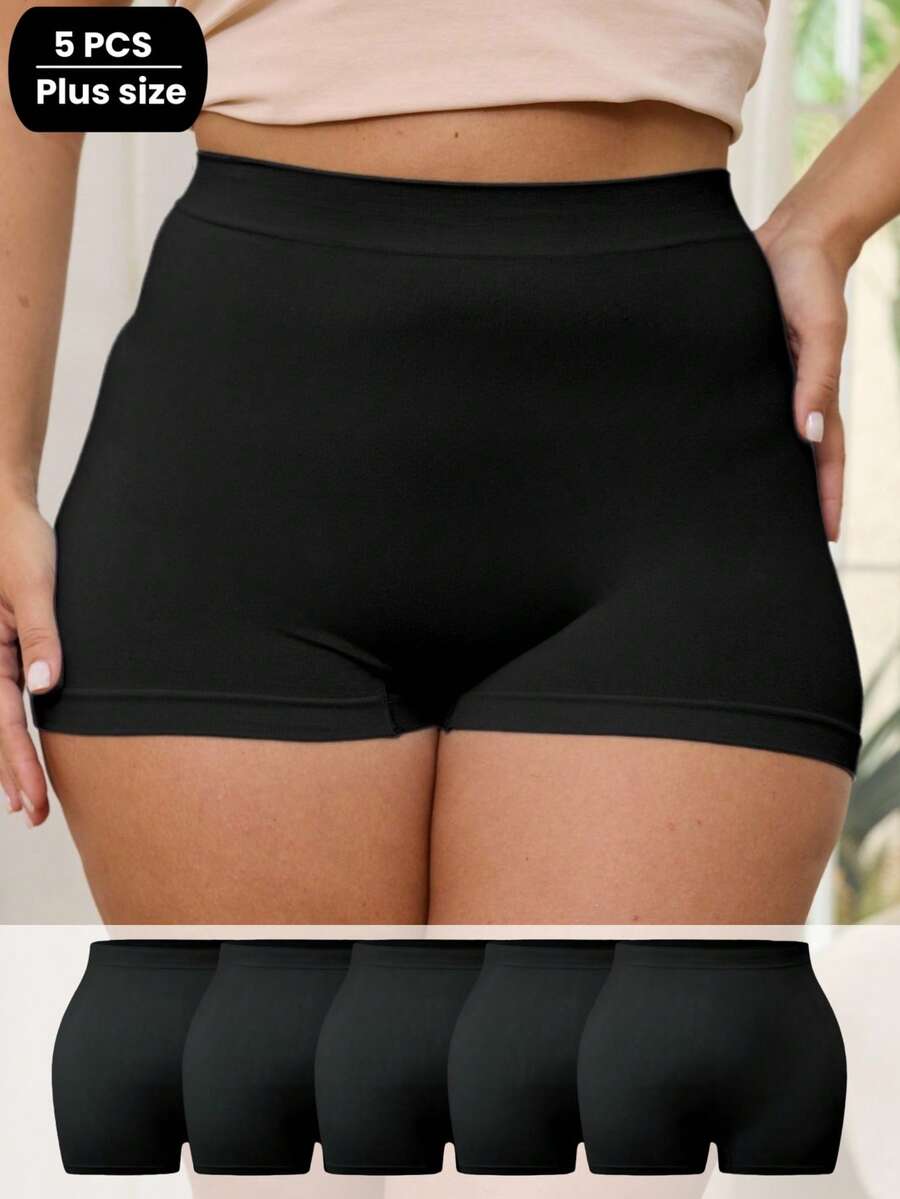 5 Packs Black Plus Size Women's Seamless Comfort Barrier Underskirt Safety Shorts For Everyday Use, Athletic Boxer Shorts - Black - View 1
