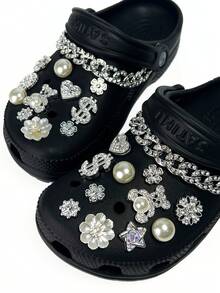 24pcs/Set Shiny Hole Shoe Charms - Teddy Bear, Pearl, Dollar Sign & Crystal Decorations, Fashionable Shoe Charm Accessories - Silver - View 3