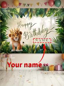 1 Stück Dschungel Thema Geburtstag Hintergrund Tuch - Kann mit Ihrem Namen angepasst werden, Grün Pflanzen & Löwen Design, Benötigt keine Stromversorgung, 6 Größenoptionen, strapazierfähiger Polyesterstoff, geeignet für Innen-/Außendekorationen, saisonale Dekorationen, Partykulisse, Fotoshooting Requisite, Mehrzweck Hintergrundtuch