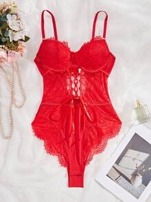 Lace Patchwork Lace-Up Sleeveless Jumpsuit, Summer - Red - View 3