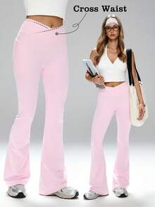 FWH 交叉腰带设计收腹，隐形侧袋方便收纳必需品，优雅喇叭裤型，#裸感时尚 #运动休闲必备 #办公休闲，全天舒适，高级基础款，收腰显瘦，视觉拉长腿部线条，收腹运动紧身裤，交叉腰带运动裤，必备高腰瑜伽裤，全天运动表现，带口袋的喇叭瑜伽裤