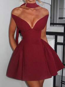 女士派对活动鸡尾酒迷你连衣裙，配有可拆卸围巾，性感细肩带 V 领褶饰荷叶边连衣裙