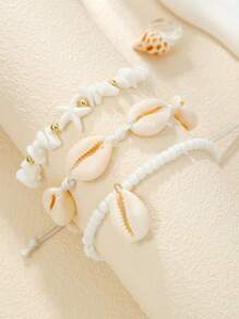 3pcs/Set Ocean Style Glass Beads, Crushed Stone, Resin Starfish & Shell Beaded Anklet, Suitable For Women Everyday & Beach Wear