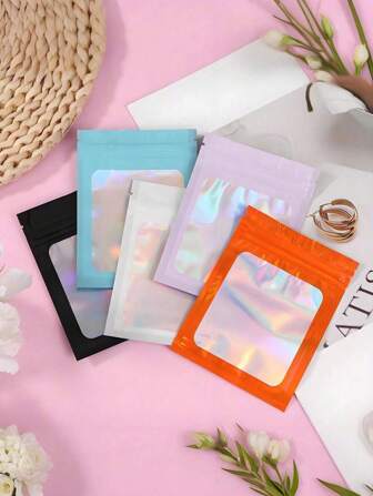 100/10個 再封可能なジッパー付きバッグ - ホログラフィック/透明ウィンドウアルミニウムホイルマイラーパウチ、匂い遮断食品保存バッグ キャンディ グミ ジュエリー リップグロス用、パーティーのギフト包装バッグ (複数のサイズ&カラー)