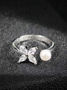 MOONSO 1 anel elegante de zircônia e pérola ajustável, estilo aberto, para mulheres, versátil para festas e reuniões