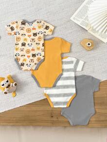 4件套婴儿男女宝宝0-12个月纯棉休闲短袖可爱卡通连体衣四季皆宜 - 彩色 - 查看 2