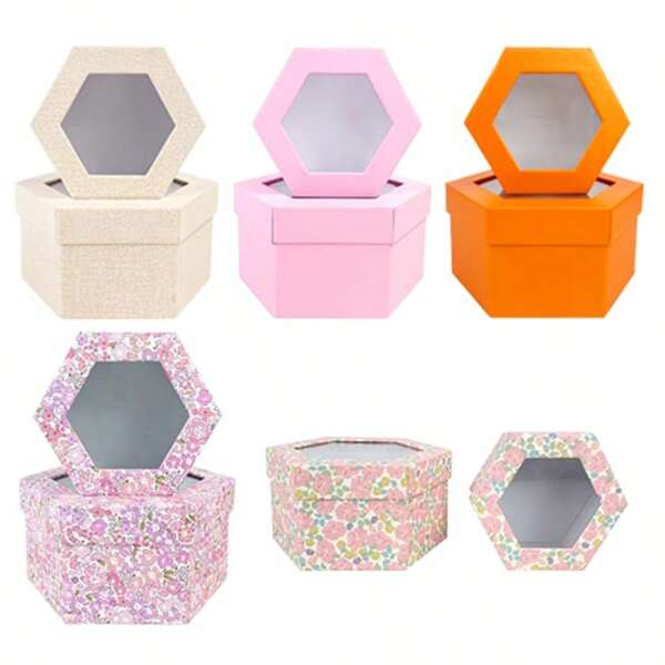 2PCS Multicolor Hexagonal Dreamy Flower Box Gift Boxes With Lids For Present Rose Boxes For Bridesmaid, Proposal, Wedding, Birthday