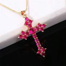 Fashion Cross Pendant Necklace Set For Men Women Daily Casual Jewelry - 玫紅色 - 查看 3