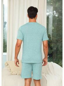 Matching Pajamas For Couples Ribbed Knit Lounge Set Soft Short Sleeve 2 Pieces Sleepwear S-XXLhalloween - 深藍色 - 查看 5