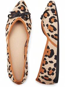Womens Flat Shoes Classic Pointed Toe Flats Knitted Dress Shoes Soft Comfortable Dressy Flats Women - 豹紋蝴蝶結 - 查看 2