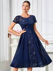 MIUSOL Sequin Floral Lace Contrast Chiffon Round Neck Pleated Hem Evening Party Long Dress Summer Elegant - Navy Blue - View 7