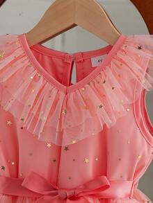 年轻女孩夏季轻盈网眼 V 领松紧腰公主裙，带星星贴花，优雅适合生日海滩派对 - 西瓜粉 - 查看 4