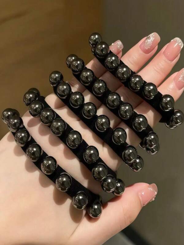 5pcs-Ladies' Black Faux Pearl Hair Ties - High-Elastic And Durable Hair Ropes, Adorned With Elegant Imitation Pearls, Stably Securing Ponytails And Buns. Suitable For Both Casual And Formal Occasions. Faux Pearl Hair Accessories With Glossy Texture, Exclusively Designed For Professional Women.