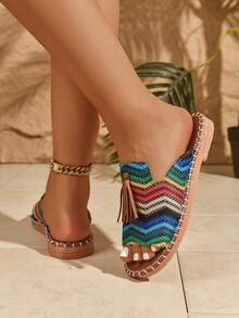 女士流苏装饰平底凉鞋，防水沙滩一脚蹬拖鞋，女士防滑时尚百搭拖鞋