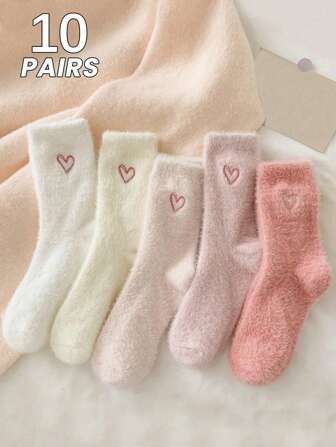 10 Pairs Women Warm Thermal Lined Thick Mid-Calf Socks, Anti-Cold House Slipper Socks For Autumn/Winter