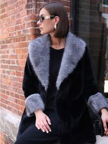 Women's Long Sleeve Contrast Color Big Fur Collar Warm Faux Fur Coat - Dark Grey - View 1