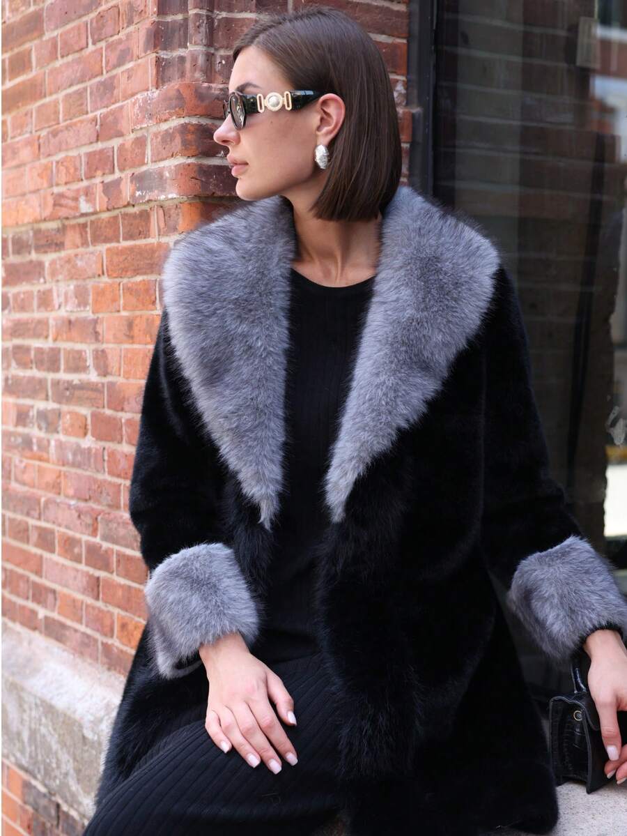 Women's Long Sleeve Contrast Color Big Fur Collar Warm Faux Fur Coat - Dark Grey - View 1