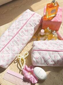 Bow Pattern Pink And Cute Quilted Makeup Bag,Hair Tool Pouch Organizer Bag,Large Capacity Travel Floral Cosmetic Bag Cute Pouch, Makeup Brushes Storage Bag For Women Autumn University Essentials Travel Essentials Holiday Vacation Travel Bag For Women Makeup Organizer Make Up Bag - Pink - View 5
