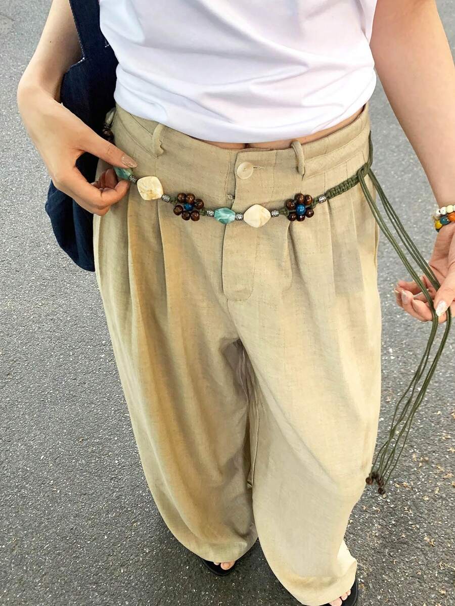 1pc Women's Olive Green Polyester Simple Retro Beaded Design Versatile Tie-Up Waist Rope For Beach Fall, Autumn, Halloween