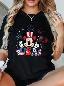 Short Sleeve Round Neck T-Shirt With Cartoon Image Printed On It, Casual And Fashionable Short Sleeve T-Shirt, Micro Elastic, Non-See-Through, Easy To Care For Material, Ideal Daily Wear, Ladies T-Shirt - 黑色 - 查看 1