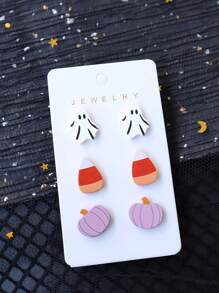 3 Pairs Halloween-Themed Acrylic Dangle Earrings With Baked Enamel Wizard Hats & Sugar Skull Pumpkin Bat Design, Cute And Fun Party Gift Earrings For Women Girls