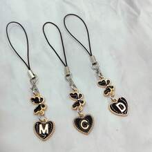 1pc Metallic Heart & Alphabet Letter A-Z Charm Phone Pendant - Black - View 7