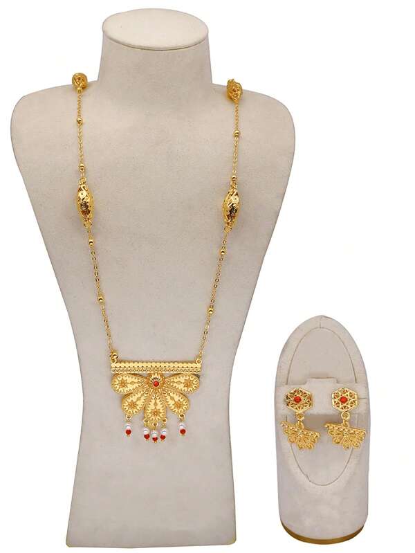 2pcs Earrings + 1pc Necklace Pendant Set For Women, Middle Eastern Luxury Dubai Wedding Jewelry Accessories