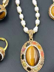 4件套天然虎眼石和东陵石水晶，优雅珍珠，简约风格，跨境电商货源